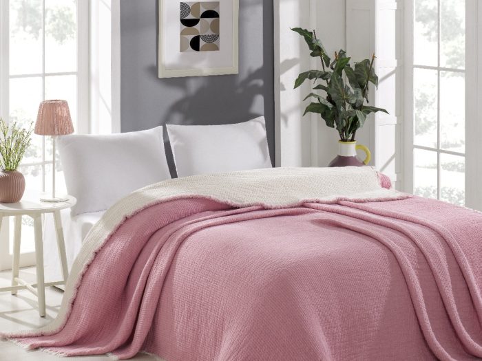 Lovatiesė rožinė muslino Saheser, dvigulei lovai Muslino lovatiesė rožinės spalvos