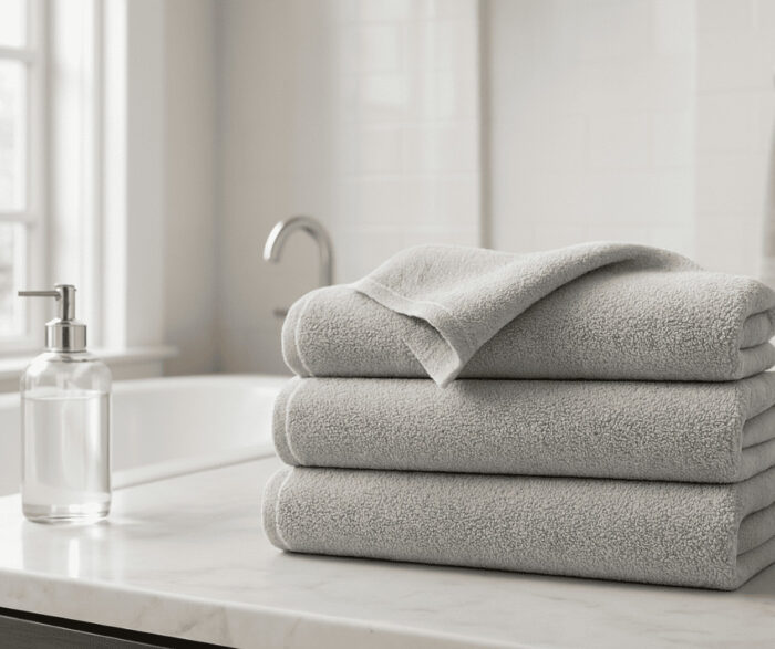 šviesiai pilki rankšluosčiai SPA