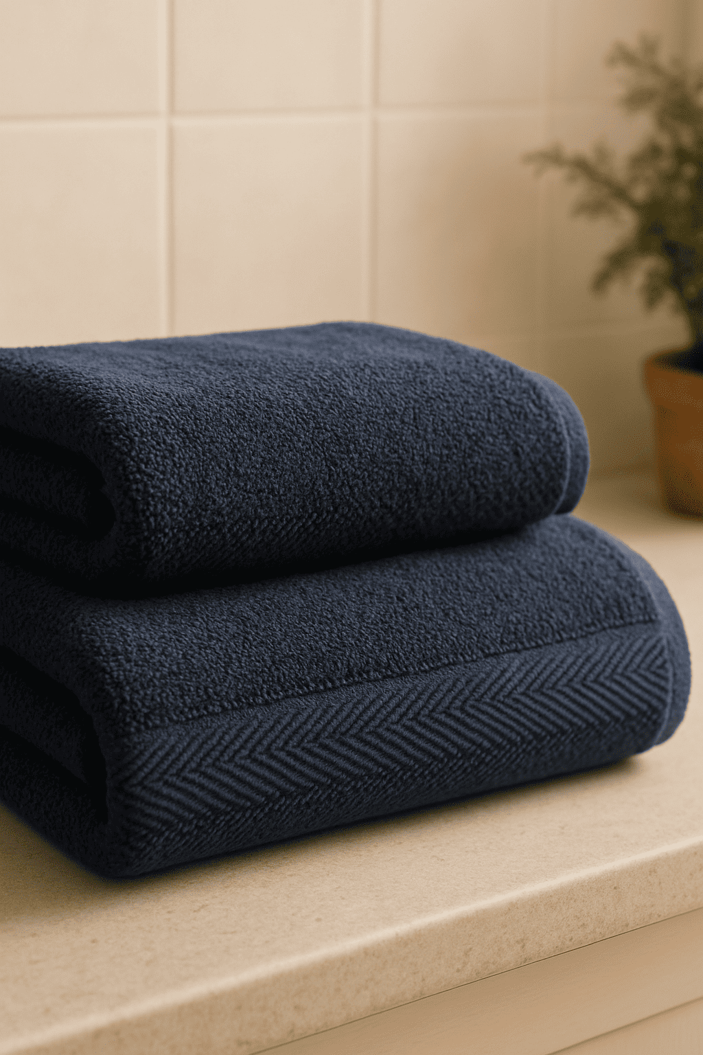 Egiptietiški prabangūs navy mėlynos spalvos 100 % medvilnės SPA rankšluosčiai, sulankstyti ant lentynėlės