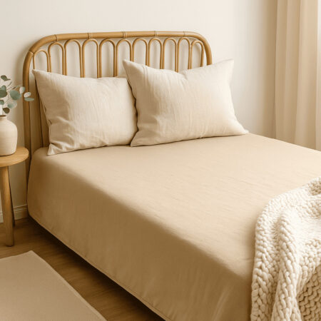 Beige spalvos paklodė lininė lovoje