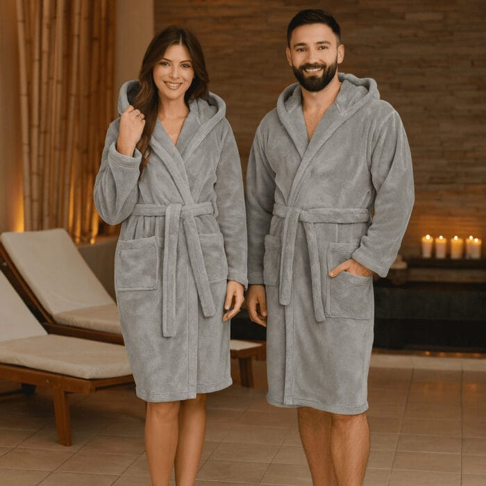 Pilkos spalvos chalatas Welsoft (1) Minkštas chalatas su gobtuvu WELLSOFT | Unisex | Kelių spalvų
