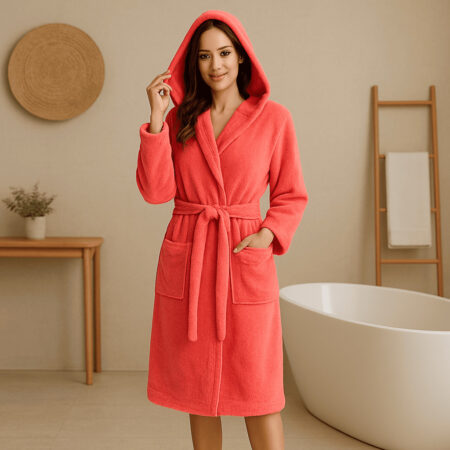 Welsoft koralų spalvos chaltas su gobtuvu