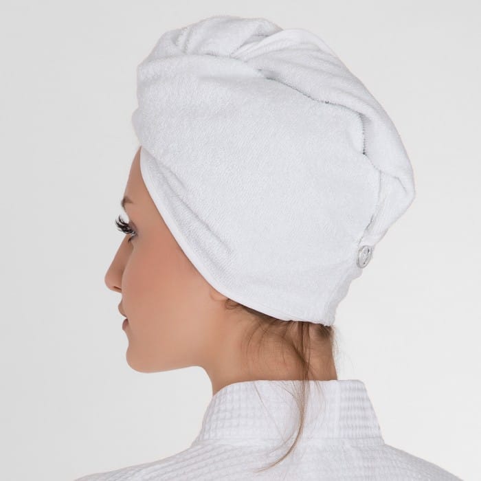 Baltos spalvos medvilninis frotinis turbanas plaukams