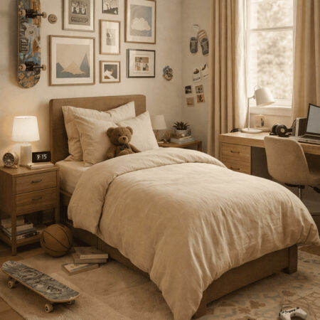 Minkštinto lino komplektas vaikams beige spalvos Kopų sapnas