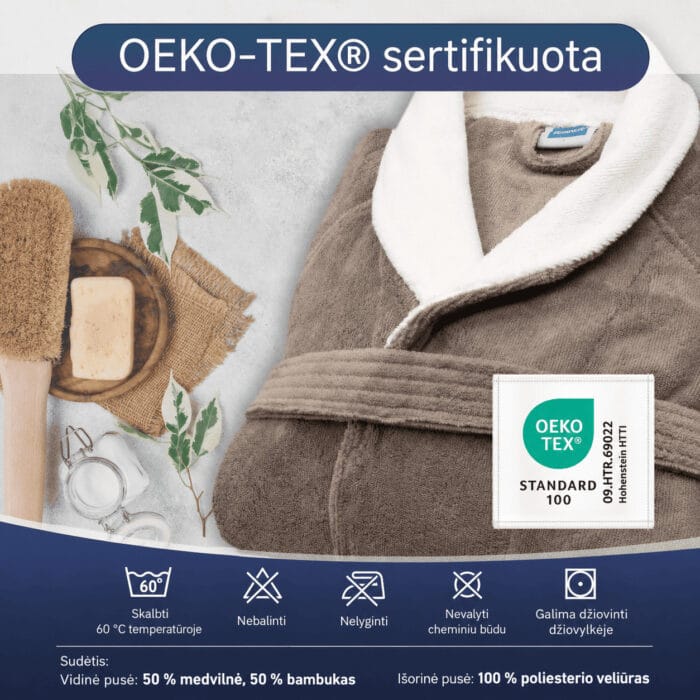 Taupe spalvos minkštas veliūrinis chalatas su skalbimo instrukcija
