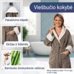 Moteris apsirengusi minkštu šiltu chalatu taupe, vonios kambaryje