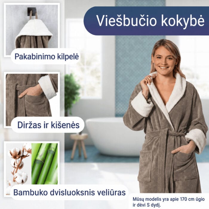 Moteris apsirengusi minkštu šiltu chalatu taupe, vonios kambaryje