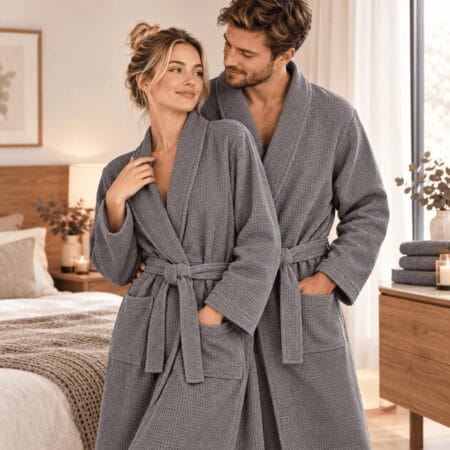 pora su pilkos spalvos „Honeycomb Spa“ – unisex medvilniniais chalatais XL–XXL| vaflinis