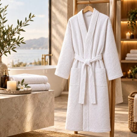 „Honeycomb Spa“ unisex medvilninis chalatas vaflinis baltos spalvos, ant pakabos